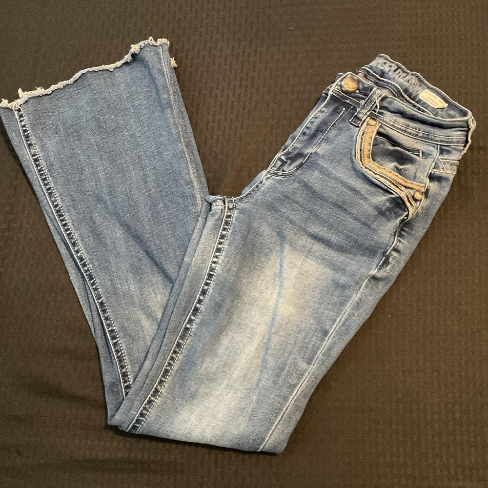 Sexy Couture Jeans Juniors 5 Blue Medium Mid Rise Flare Distressed Stretch Denim